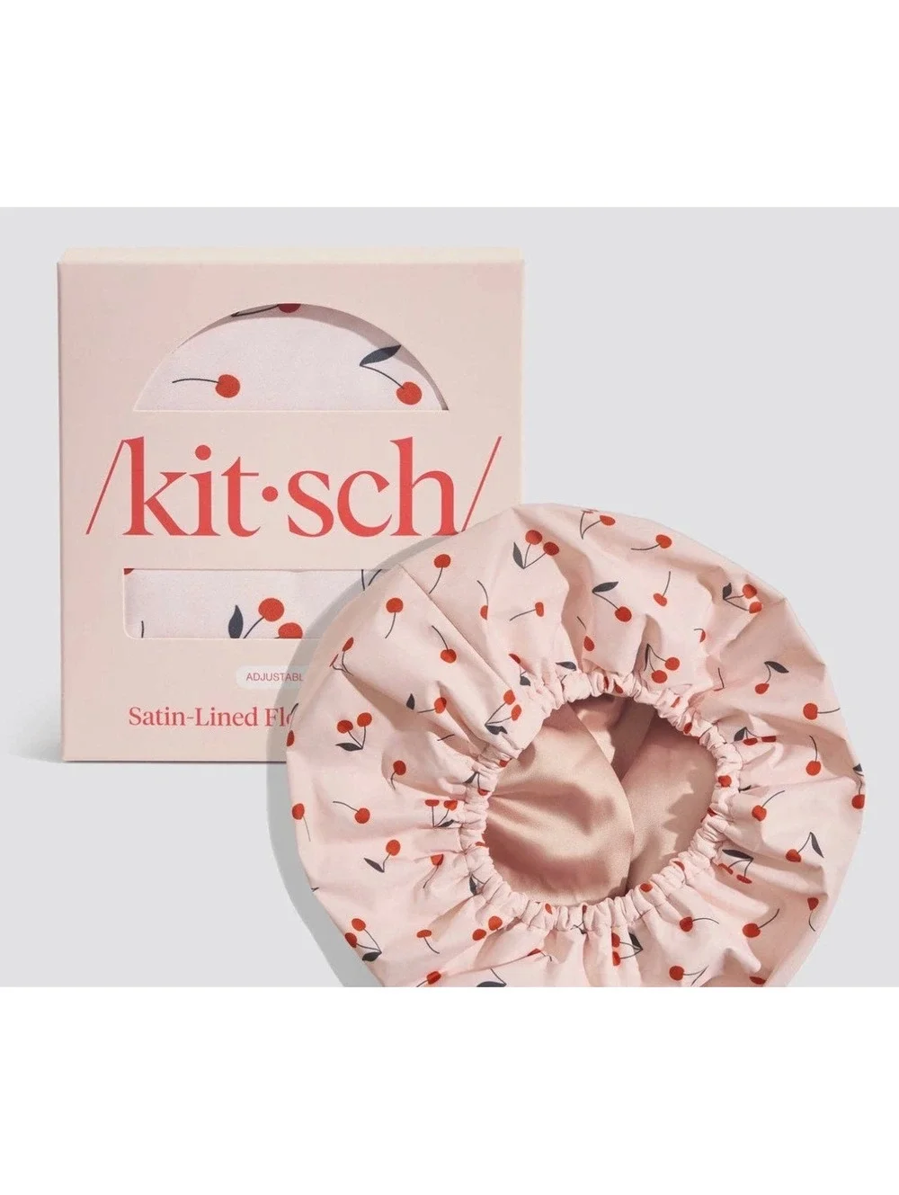 Kitsch, Cherry Print Satin-Lined Flexi Shower Cap, One Size msrp 24